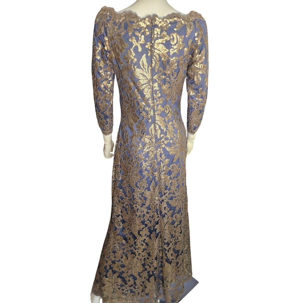 Tadashi Shoji Navy Gold Sequin Maxi Dress Sz6 Metallic Lace Overlay Formal Gown - Picture 4 of 9